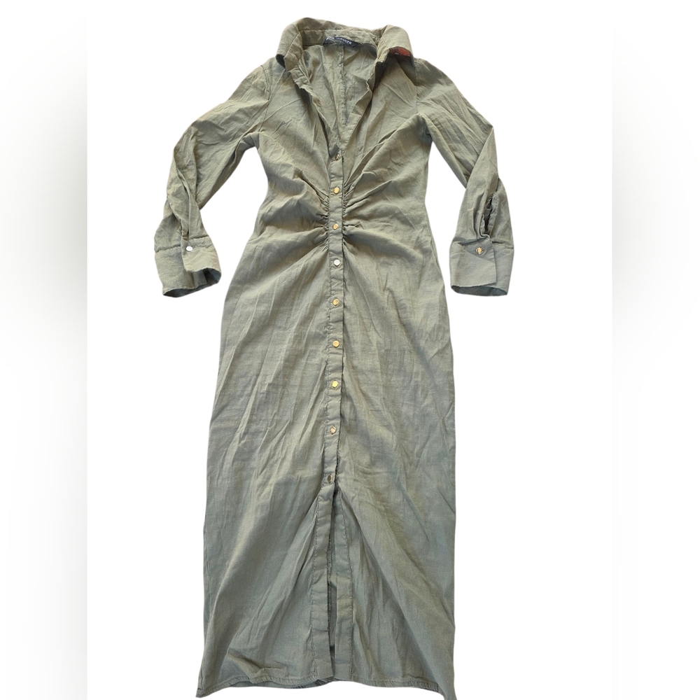 Zara Khaki Green Button Front Stretch Maxi Dress Linen Blend Size Small